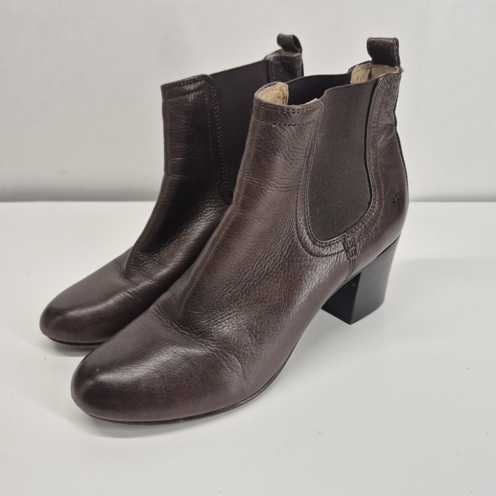 Frye Boots Womens 10M  Stella Chelsea Brown Leather Mid Ankle Heel Slip On